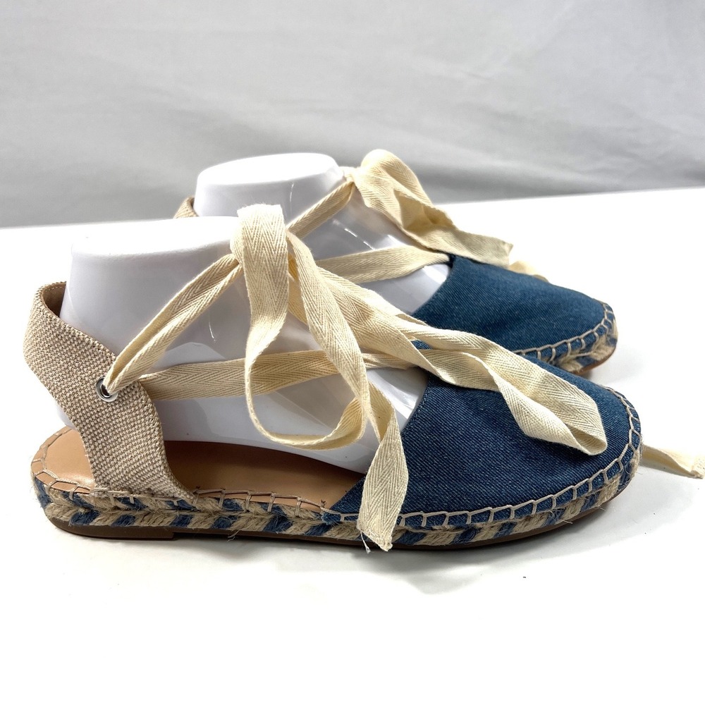 LOFT Denim Ankle Tie Espadrille Sandals Blue Tan Flat Summer Shoes Women 9M NWOT